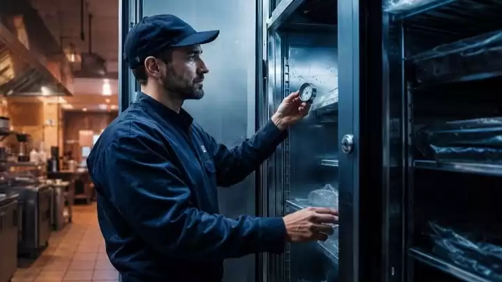 تکنسین در حال بازرسی و تعمیر سردخانه صنعتی